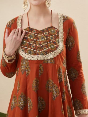 Image of MOKOSH Women's Cotton Print Anarkali Kurta Sharara with Dupatta | Anarkali Kurta Set | Queen Anne Neck Full Sleeve Ethnic Suit | Floral Kurta 3 Colour Option Available | 3 Piece Outfit