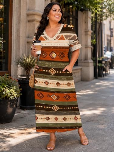 Image of Plus Size Maxi Dress for Women Short Sleeve V Neck Casual Loose Sundress with Pockets