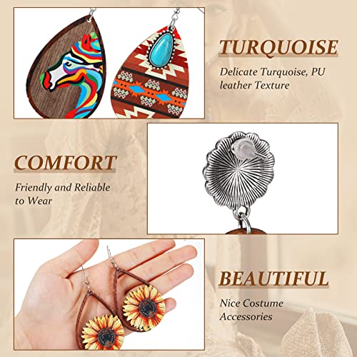 Batiyeer 25 Pairs Western Cowboy Earrings Jewelry Set Boho Vintage Handmade Bohemian Turquoise Cow Print PU Leather Wood Teardrop Dangle Earrings for Women3