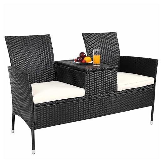 Casaria® Banc de Jardin en polyrotin Noir Max. 320kg avec Coussins Table Espace de Rangement Banc extérieur 2 Places