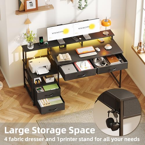 Image of MUTUN 53 inch Computer Desk with 4 Drawers & Power Outlets, Reversible Home Office Desk with Monitor Stand & Printer Stand, Gaming Desk with Led Lights, Study Writing Work Desk Table for Bedroom (Black)