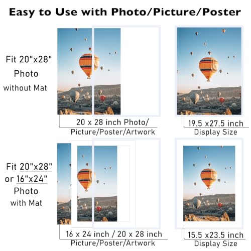 Image of JCJMY 20x28 Picture Frame with 16x24 Mat, Display Photo 16x24 with Mat or 20 x 28 Without Mat, Wall Hanging Large 20 by 28 Poster Frame with Plexiglass, White