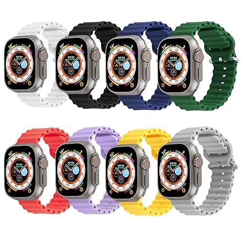 Ymgkyza 8 Pack Ocean Silicone Watch Band, Compatible with Apple Watch Series 1/2/3/4/5/6/7/8/9/SE/Ultra Band 38mm-49mm, Varied Colors