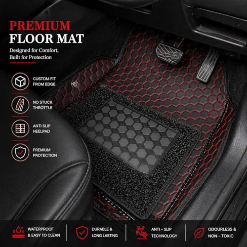 Image of Premium Universal 7D Car Floor Mat Compatible with Hyundai Xcent | Waterproof | Anti-Slip | Luxury Premium Leather Car Mat | Full Coverage | All Weather | Car Foot Mats - (Black Red)
