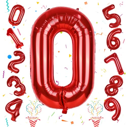 Image of Red Large Number Balloons, 40 Inch Foil 0-9 Set Number Balloon for Girls Boys Age Birthday Party, Self Inflating Number Balloons Baby Shower Anniversary Christmas Party Decoration Women Men Supplies