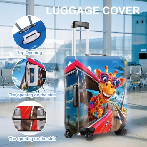 Image of Funny Giraffe Road Trip Luggage Cover Protective Suitcase Protector, Summer Beach Palm Tree Elastic Washable Travel Baggage Cover Fits 28-30 Inch Suitcase, Cool Animal Wearing Sunglasses Design,L