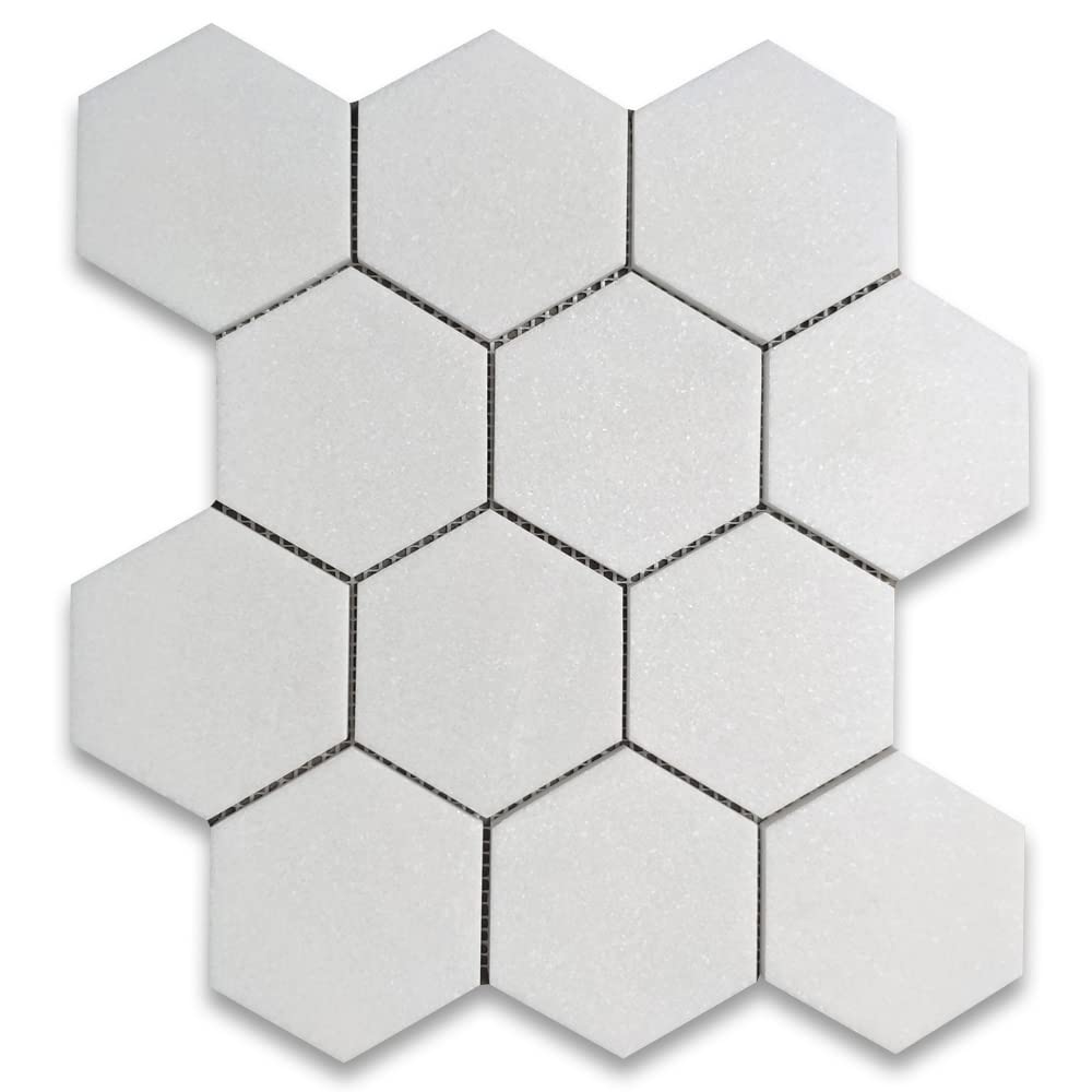 Stone Center Online Thassos White Marble 4 inch Hexagon Mosaic Tile Honed Kitchen Bath Wall Floor Backsplash Shower (1 Sheet)
