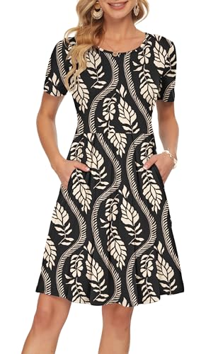 Image of AUSELILY Women's Short Sleeve Pleated Swing Summer Dress with Pockets | Knee-length short sleeve dress, empire waist & pockets, ideal for casual daily wear and vacation