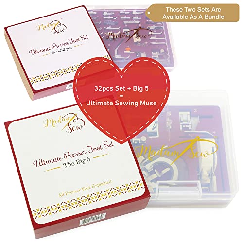 Madam Sew Big 5 Presser Foot Set - 5 Specialized Presser Feet In Deluxe Numbered Storage Case With Printed Booklet, And Bonus Low Shank Snap-On Adapter #TOP6