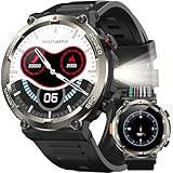 IOWODO Reloj Inteligente Hombre, 1.45' Militar Smartwatch con Llamadas, 960mAh Batería, Linterna LED, Brújula, 123 Modos Deporte, Monitor Cardíaco 24h/SpO2/Sueño, IP68, 2 Correas (iOS/Android)