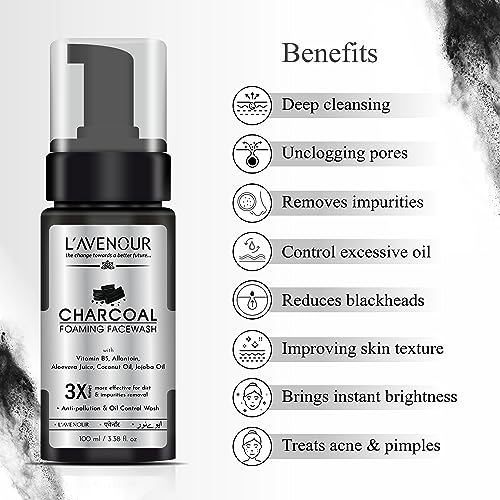 Image of L'avenour Charcoal Foaming Face Wash for Pollution & Oil Control with Activated Charcoal Powder, Aloe Vera, Coconut Oil, Jojoba Oil, For Men & Women - 100ml
