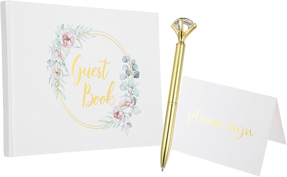 PATIKIL Guest Book, 9.3x7 Elegant Wedding Guestbook Flower Wreath Cover Memory Book with Diamond Signing Pen and Greeting Card for Wedding Bridal Shower Birthday Party Events, Gold Tone