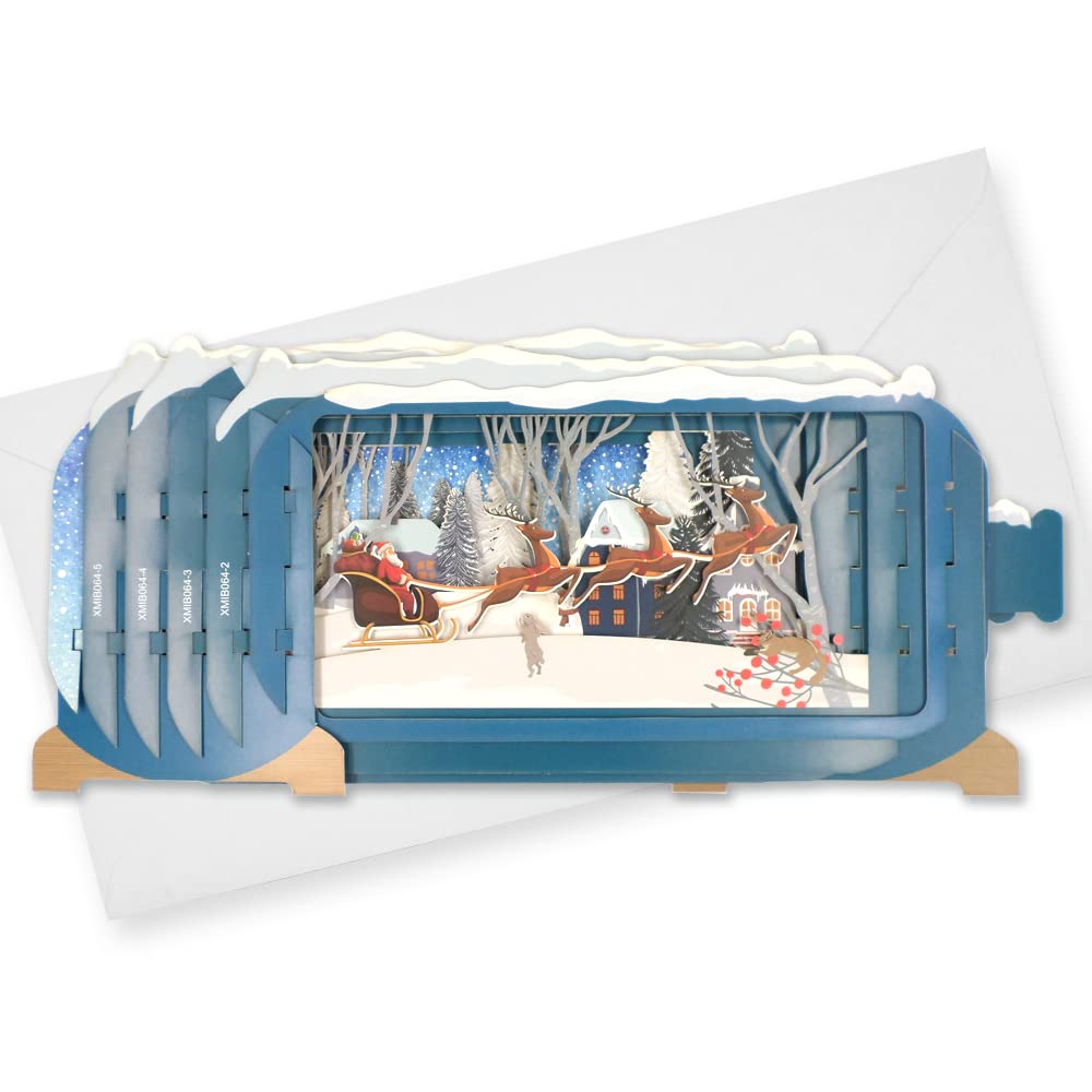 Message In A Bottle Santa's Magical Sleigh Pop Up Christmas Card By Alljoy Cards XMIB064, Blue, 24cm x 15cm - Image 2