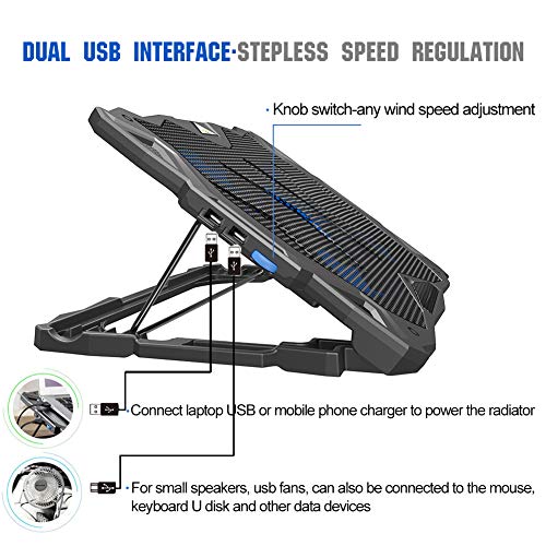 Pccooler Laptop Cooling Pad, Portable Laptop Stand with 6 Angle Adjustable & 5 Quiet Blue LED Fans for 12-17.3 Inch Gaming Laptop, Laptop Cooler Built-in Dual USB Ports Support Mouse, Keyboard Device - Thumbnail 7