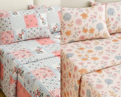 Image of VAS COLLECTIONS Cloud Cotton Double Bedsheet Combo Pack of 2 with 4 Pillow Covers, 210 TC Soft Breathable Cotton Double Bed Sheet Set, Floral Printed Bedsheet for Double Bed, 90 x 100 in (1, Multi G)