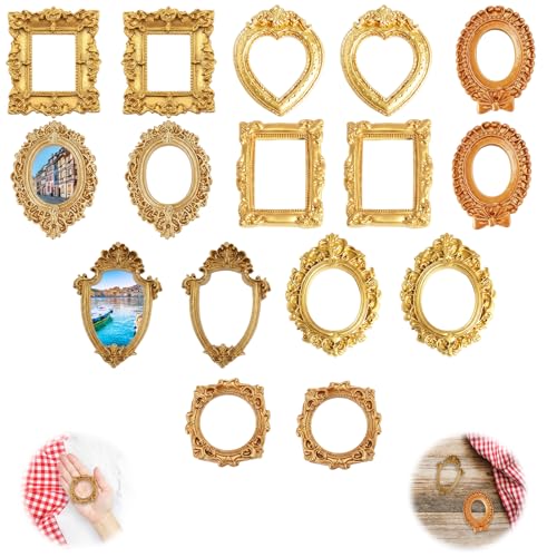 Qitdusy 16PCS Mini Vintage Frames, Mini Frames for Crafts, Miniature Picture Frames Set with 6 Styles for DIY, Home Decor, and Photography Prop Displays (16PCS Set)
