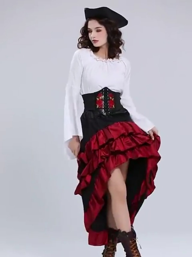 Costume Da Pirata Donna Con Corsetto E Cappello – Set 4 Pezzi Medievale, Top Senza Spalline E Gonna Per Carnevale E Cosplay