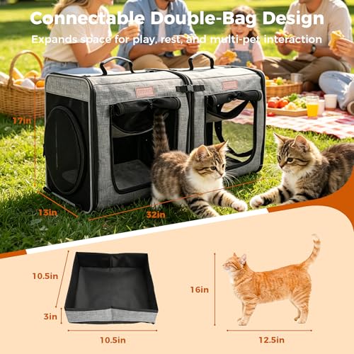 Image of PETUX 2-in-1 Double Cat Carrier with Play Tunnels for Multiple Cats | Portable, Breathable, Soft Side Cat Carrier with Litter Box and Comfortable Hammock for Travel and Vet Visit, 32 inchx13 inchx17 inch
