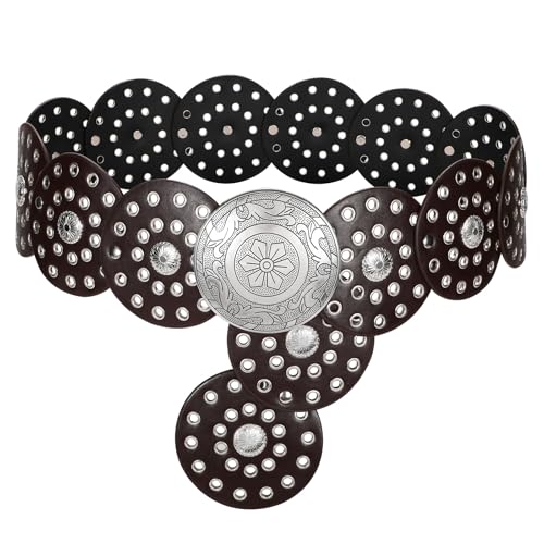 Image of WERFORU Women Wide Western Disc Belt Cowgirl Boho Leather Belt for Jeans Dress
