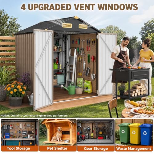 Image of IRONCK 5.7x5.7FT Outdoor Storage Shed with Vent, Outdoor Shed, Brown | Lockable Doors, Impact Corners, Galvanized Steel, Tool Shed for Poolside, Patio, Backyard