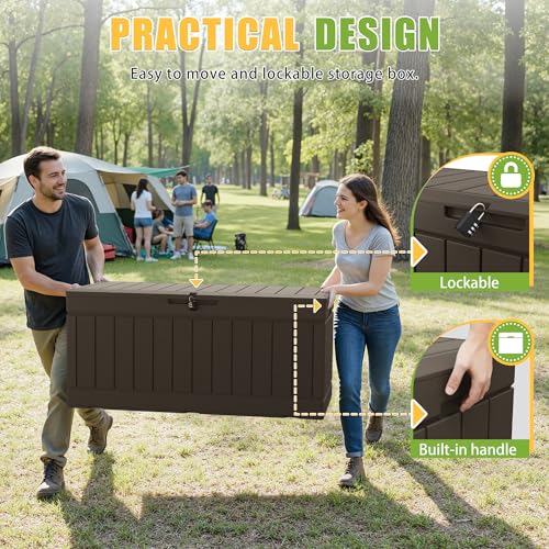 Image of Greesum Outdoor Storage Box 82 Gallon Storage Bin with Lid for Patio Furniture, Garden Tools, Pool Supplies, Waterproof and UV Resistant, Lockable, Dark Brown