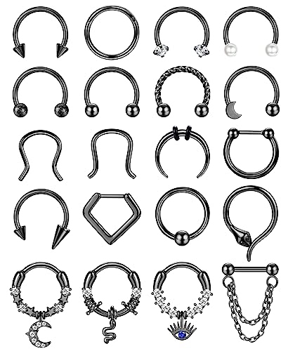 Besteel 20PCS Septum Rings 16G for Women - Hypoallergenic Surgical Steel Daith Piercing Jewelry Cute CZ Dangle Silver Black Gold Nose Ring Clicker for Helix, Tragus, Daith, Cartilage Earrings Hoop