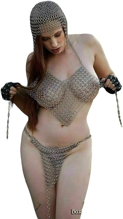 3-Piece Medieval Aluminium Chainmail Bikini/Bra Set with Chainmail Coif V-Design Lingerie Set, Silver