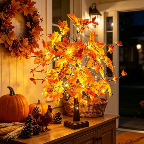 Herbstdeko Lichterbaum Für Innen mit Lichterketten und 24 LEDs, Ahornblatt Baum Lichter Herbst Deko Beleuchtung mit Timer und Für Tisch… – Ansicht 7