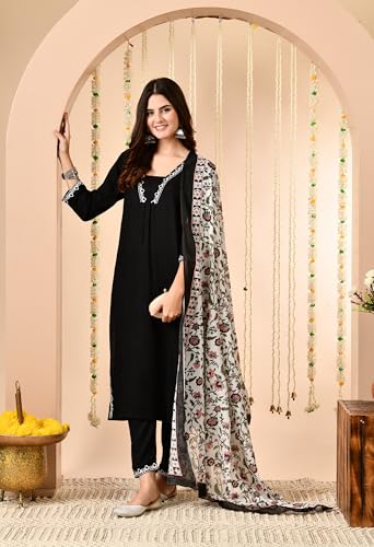 Image of Amazon Brand - Tavasya Women Cotton Anarkali Kurta Pant Dupatta Set | Printed Ethnic Suit Set | Flared Anarkali Kurta with Pant & Dupatta | Festive & Casual Wear