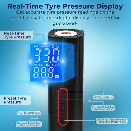Image of Woscher Tallboy Wired Digital Tyre Inflator for Car & Bike | 150 PSI Air Compressor | Auto Shut-Off | Digital Display | LED Light | 12V DC Portable Air Pump | Tyre Inflator Kit