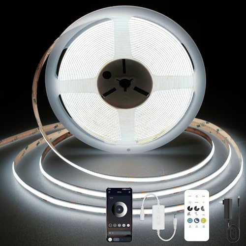 Image of COB LED Strip Light 6000K, 24ft Dimmable White LED Strip Light, CRI92+, DC24V Tape Light with RF Remote, Timer Function, Bluetooth App Control for Home Bedroom Kitchen DIY Lighting.
