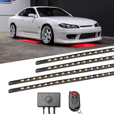 LEDGlow 4pc Red LED Flexible Car Slimline Underbody Underglow Accent Neon Lighting Kit - 4 Unique Patterns - Water Resistant, Low Profile Light Tubes - Includes Control Box & Remote