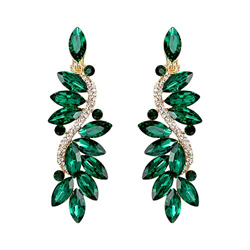 BriLove Wedding Bridal Clip On Earrings for Women Crystal Multi Marquise Filigree Flower Chandelier Dangle Earrings Emerald Color Gold-Toned