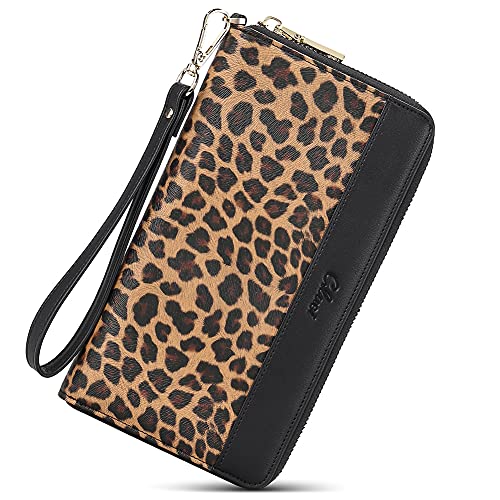 CLUCI Wallet Women Large Capacity Leather Designer Zipper Around Card Ladies Phone Clutch Wristlet Billfolds, 1-0 Black Leopard, large, Vintage