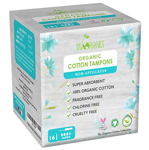 Organic Cotton Non-Applicator Tampons (Super Absorbency) by Sky Organics - Chemical-Free, Vegan & Cruelty-Free, Biodegradable Plant Based Feminine Care, Natural Digital Tampons (16 ct)