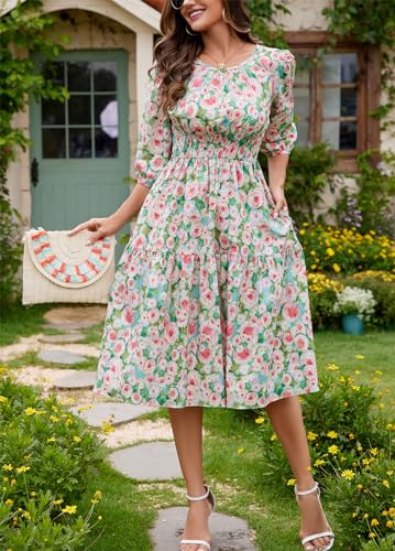 Image of Kormei Women Casual Boho Floral Round Neck 3 /4 Sleeve Smocked Waist Tiered A Line Flowy Swing Midi Dress Long Dresses