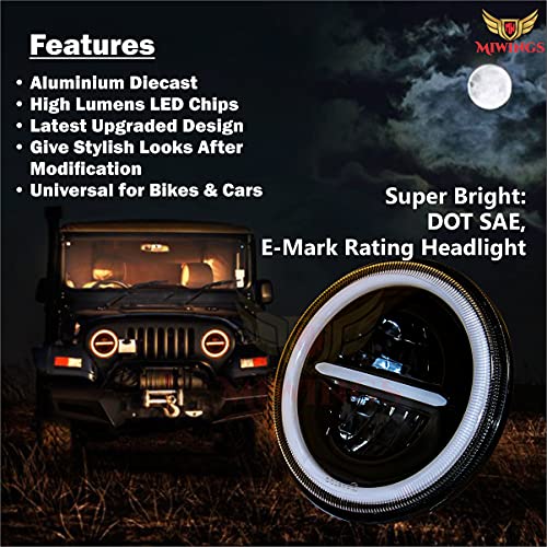 Image of Miwings Round LED Minus Style Hi /Low Beam Headlight 75W H4 Compatible with Royal Enfield, Jeep, Thar, motorcycle, Cars, Harley Davidson (Amber & White, 7 inch)