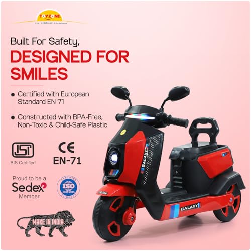 Image of Toyzone Galaxy Kids Electric Scooty (Red) | 6V 4.5Ah Battery Rechargeable Scooter | Music & Colourful LED Lights | Smooth Acceleration | 6 Months Battery Warranty | for Kids 3-8 Years, Upto 35 Kgs
