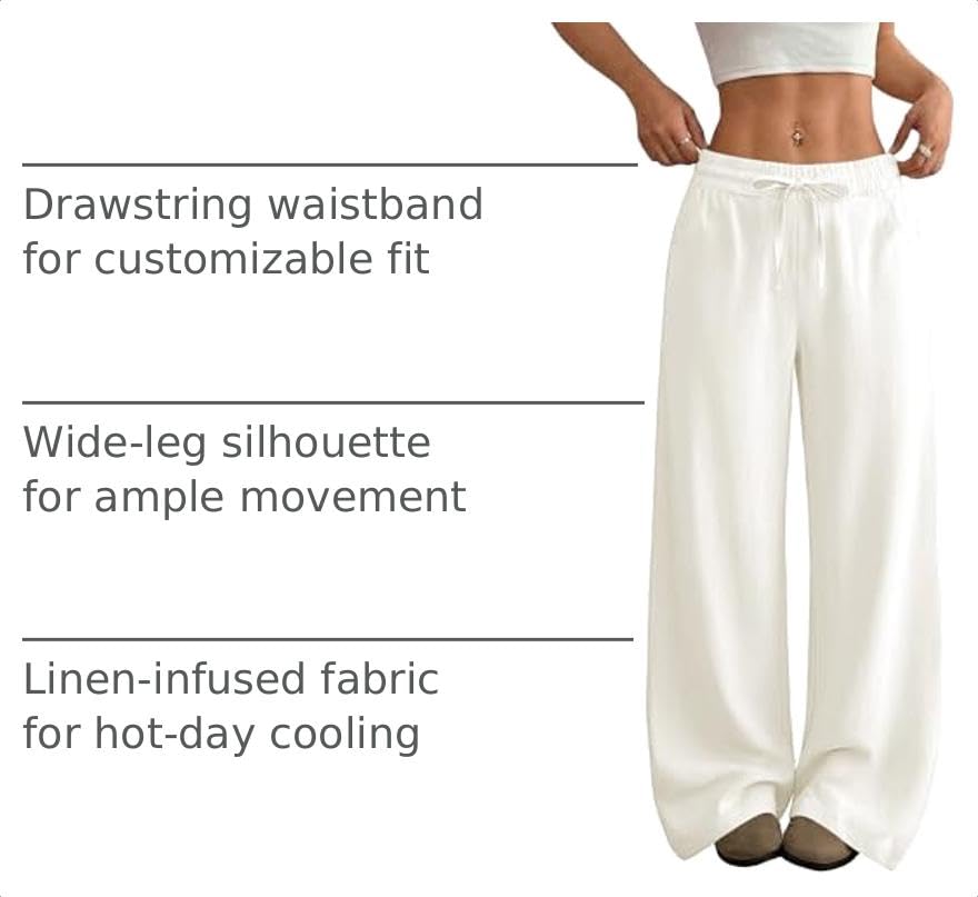 Image of SEMARO Womens Casual Linen Wide Leg Pants Flowy Drawstring High Waist Palazzo Beach Vacation Trousers