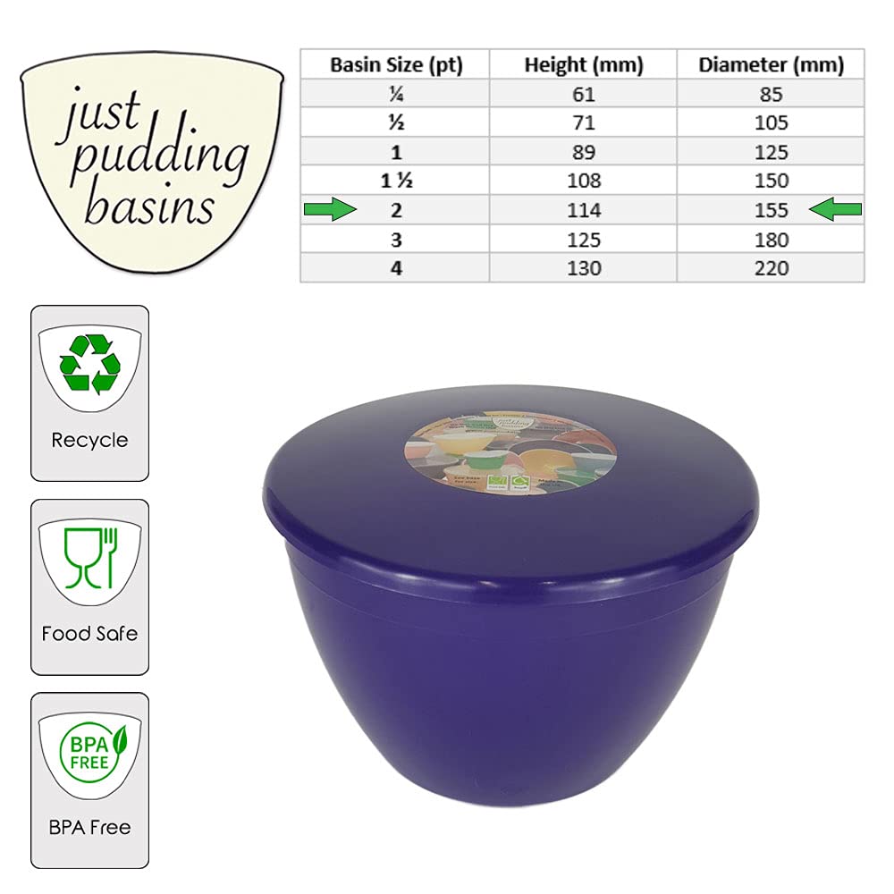 Just Pudding Basins 3 dimensioni più piccole in un set di ciotole per budino a vapore, bacino e coperchio, 1 x 1/4 pinta, 1 x 1/2 pinta (lilla