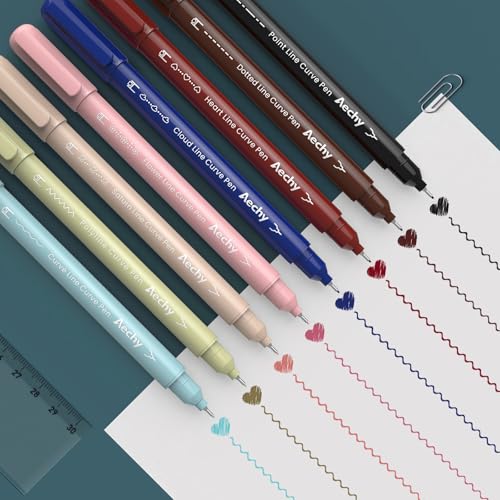 AECHY 8 Stück Kurven-Textmarker-Set für Notieren, Doppelspitzenstifte mit 8 verschiedenen Kurvenformen und 8 feinen Linien, Farbiger Kurvenstifte für Schule, Studium und Büro zum Notieren