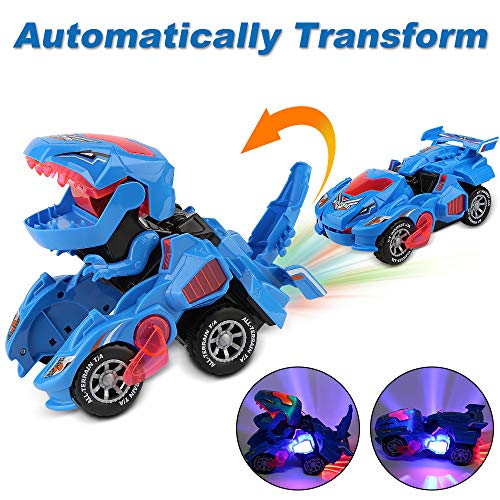 Rusee Transforming Dinosaur Toys, Transforming Dinosaur Car, Automatic Transform Dino Cars with Music and LED Light, Transform Car Toy for Kids Boys Girls Birthday Gifts (Blue) - Thumbnail 2