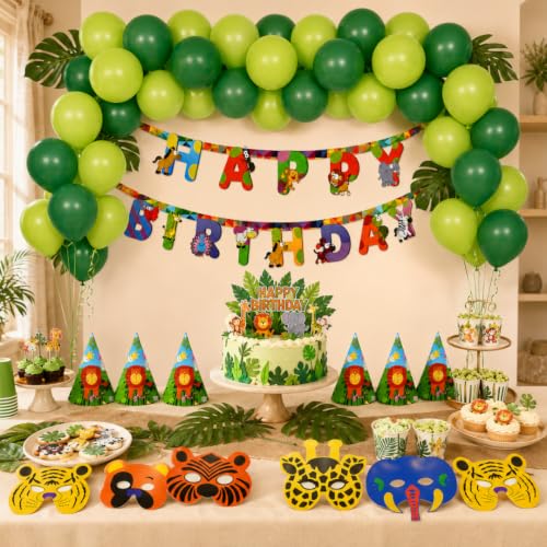 Image of Wanna Party Jungle Theme Birthday Decoration Combo Pack, 35 Pieces | 1 Jungle Happy Birthday Banner, 8 Jungle Party Hats, 6 Jungle Eye Masks & 20 Green Latex Balloons