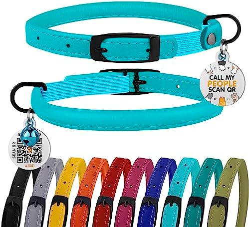 BRONZEDOG Cat Collar with Bell Kitten Rolled Leather Collars Safety QR ID Name Tag (8" - 10", Aqua Blue)