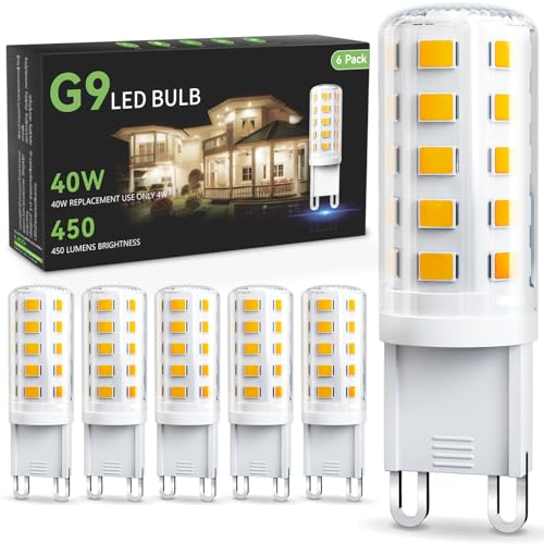 TJOY G9 LED Bulb 4W, 3000K Soft Warm White 6 Pack, Equivalent 40 Watt T4 G9 Halogen Replacement, G 9 Bi-pin Base Light Bulbs for Chandelier, 120V 450 LM 360 Beam Angle for Home Lighting, Non-dimmable