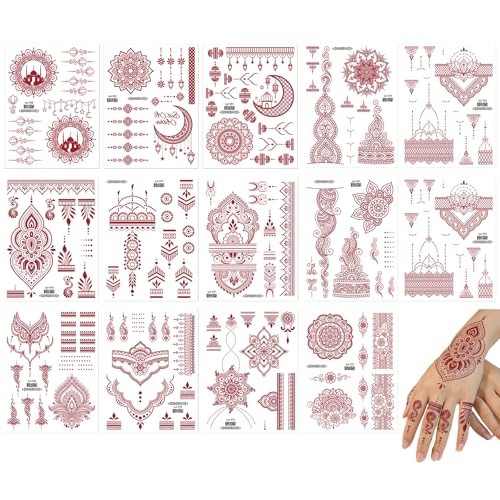 14 Sheets Brown Tattoos Sticker,Lotus Mandala Flower Temporary Tattoos,Waterproof Fake Tattoos Temporary Tattoo Kits For Women Girls(Neck Chest Arm）
