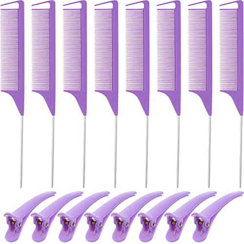 16 Pieces Parting Comb Sectioning Clips Set, Carbon Stainless Rat Tail Combs Pintail Comb and Duckbill Hairpin Barber Teasing Parting Styling Combs for Hair Styling Hairdressing (Purple)