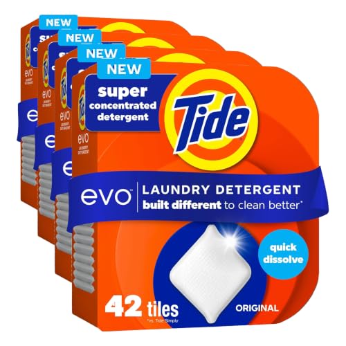 Tide evo Laundry Detergent Original Scent Works on 100% of Common Stains conc. Travel_Detergent HE Compatible & Instant Dissolve Fights Stains Better than Leading Detergent Sheet,42 Count (Pack of 4)