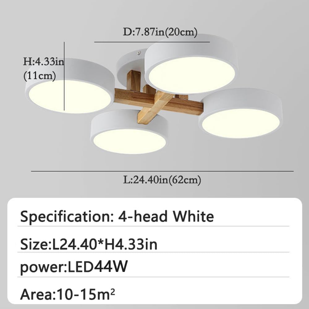 LED Flush Mount Ceiling Light Fixture with 3000K/4000K/6000K Temperatures Selectable,24Inch 44W Chandelier Modern Wood Ceiling Lamp for Bedroom Kitchen, 4-Lights Indoor Lighting White Pendant Light