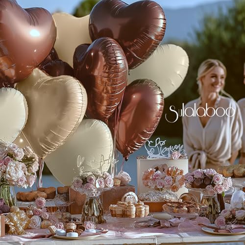 Image of 15Pcs Brown Cream Nude Neutral Heart Balloons Helium 18 Inch | Heart Shaped Foil Balloons for Valentines Day Mother's Day Engagement Anniversary Birthday Bridal Wedding Party Decorations